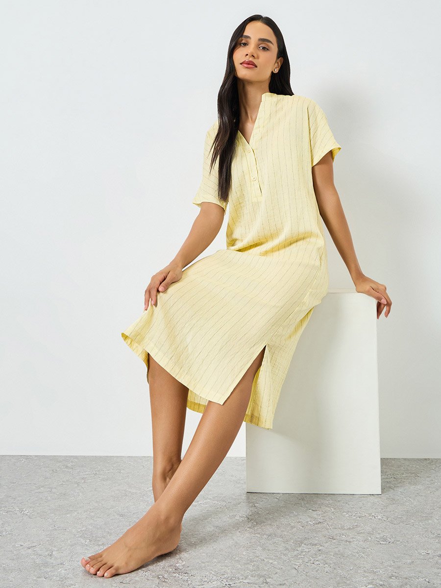 Textured Double Striped Side Slit Viscose Blend Nightdress