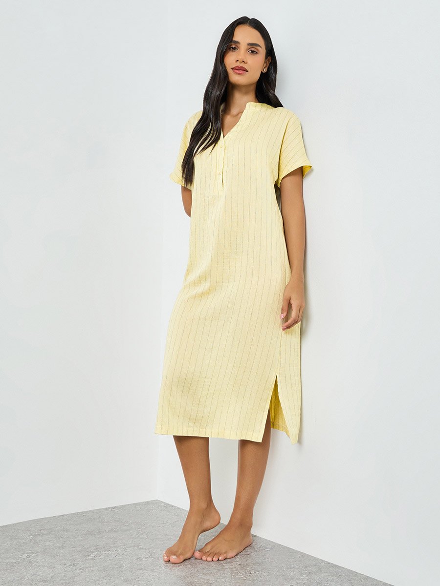 Textured Double Striped Side Slit Viscose Blend Nightdress