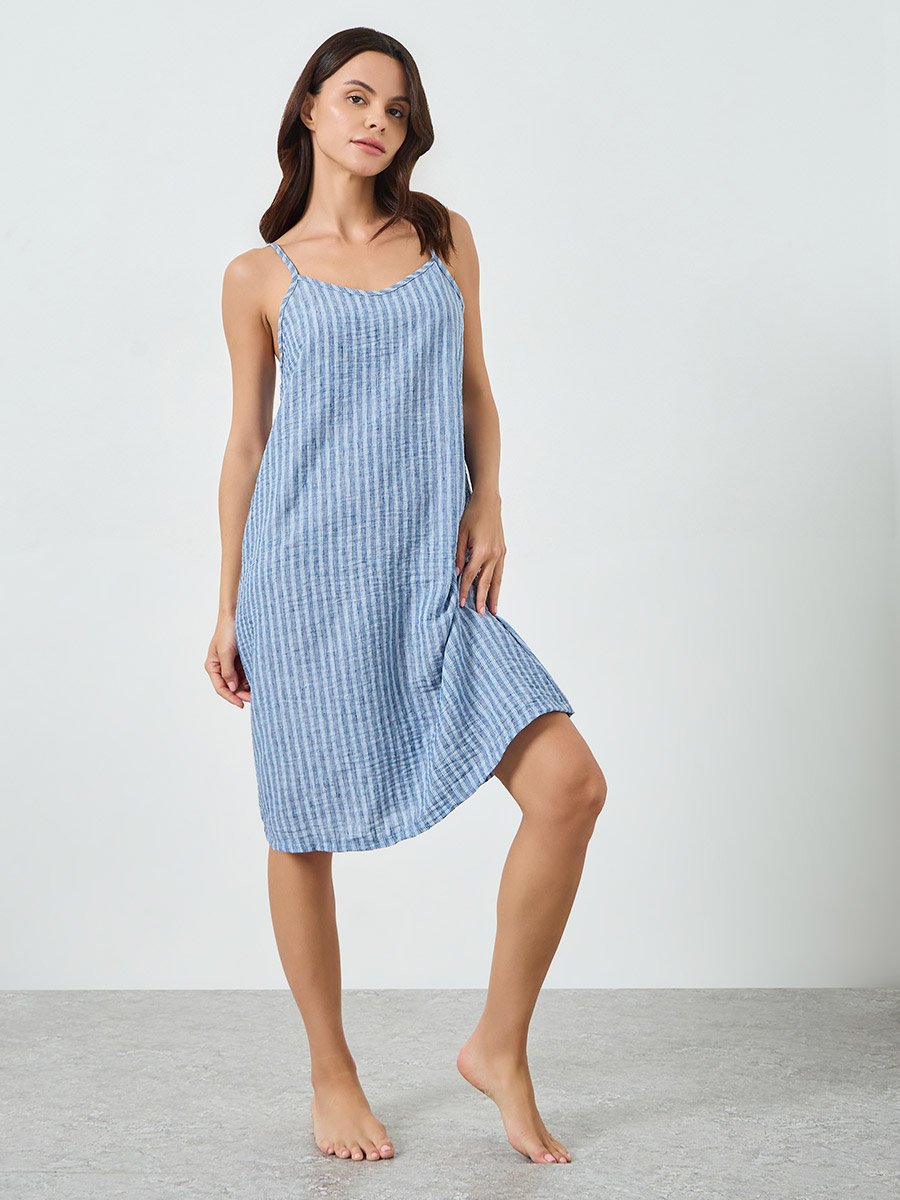 Blue Woven Linen Look Stripe V Neck Slip Dress