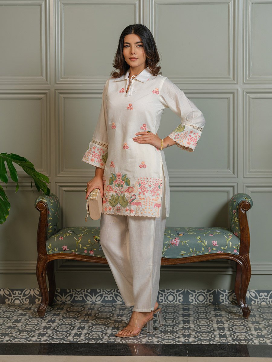 Women Embroidered Shirt Collar Tunic and Trousers Co-Ords