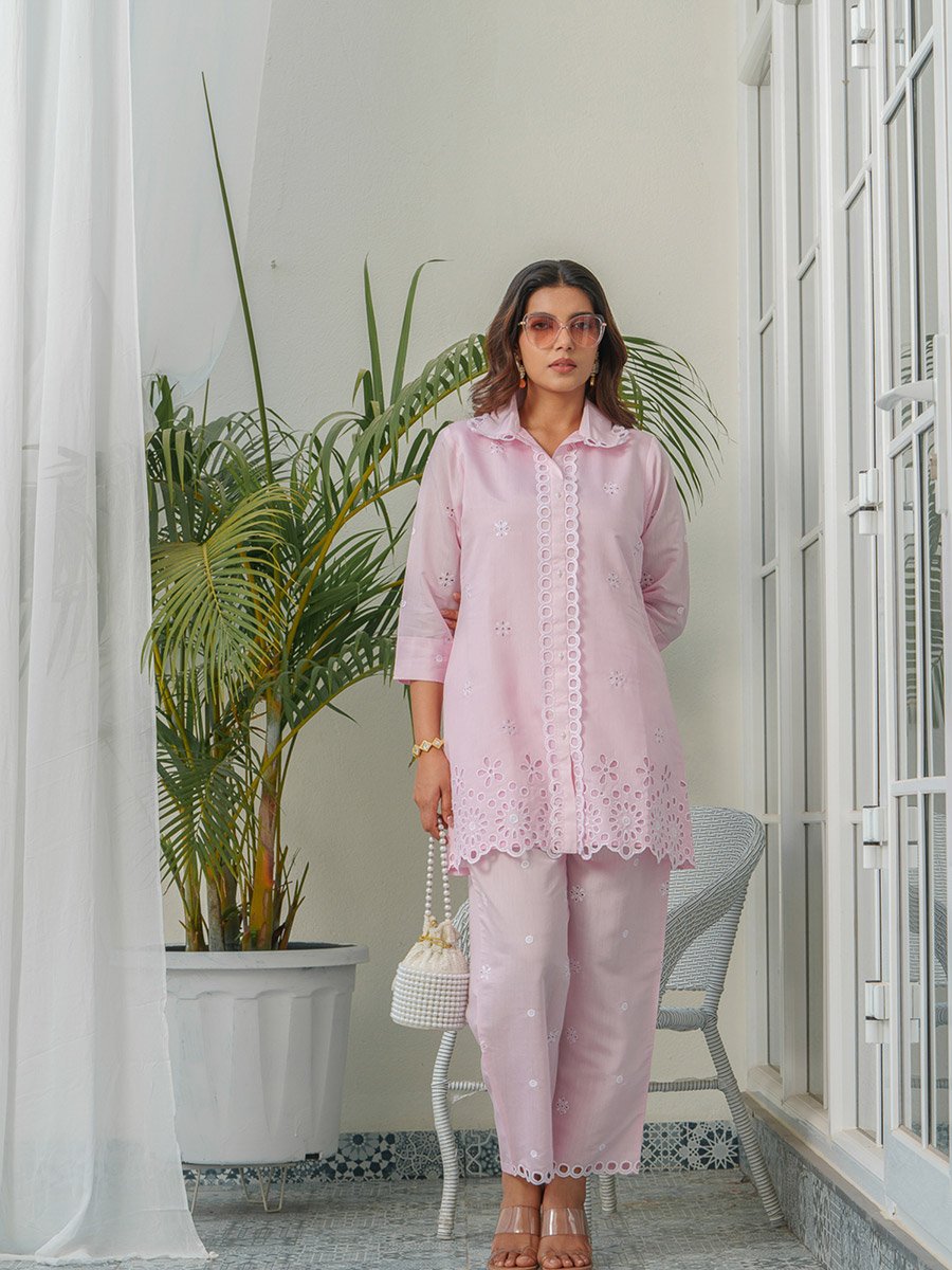 Women Schiffli Design Shirt and Trousers Co-Ords