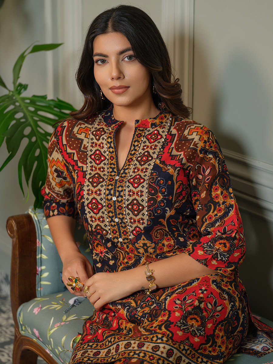 Women Ajrak Printed Top and Palazzos Co-Ords
