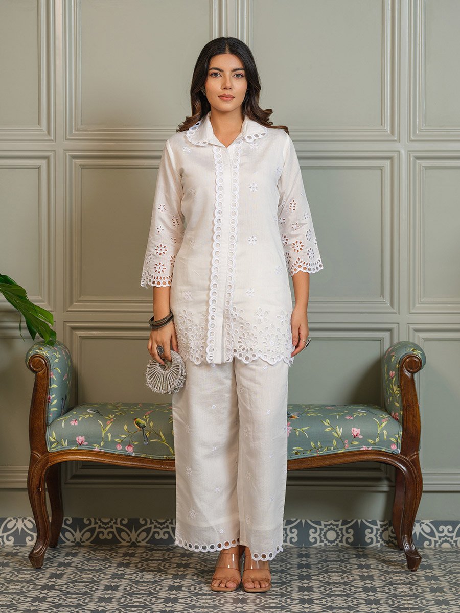 Women Schiffli Design Shirt and Trousers Co-Ords