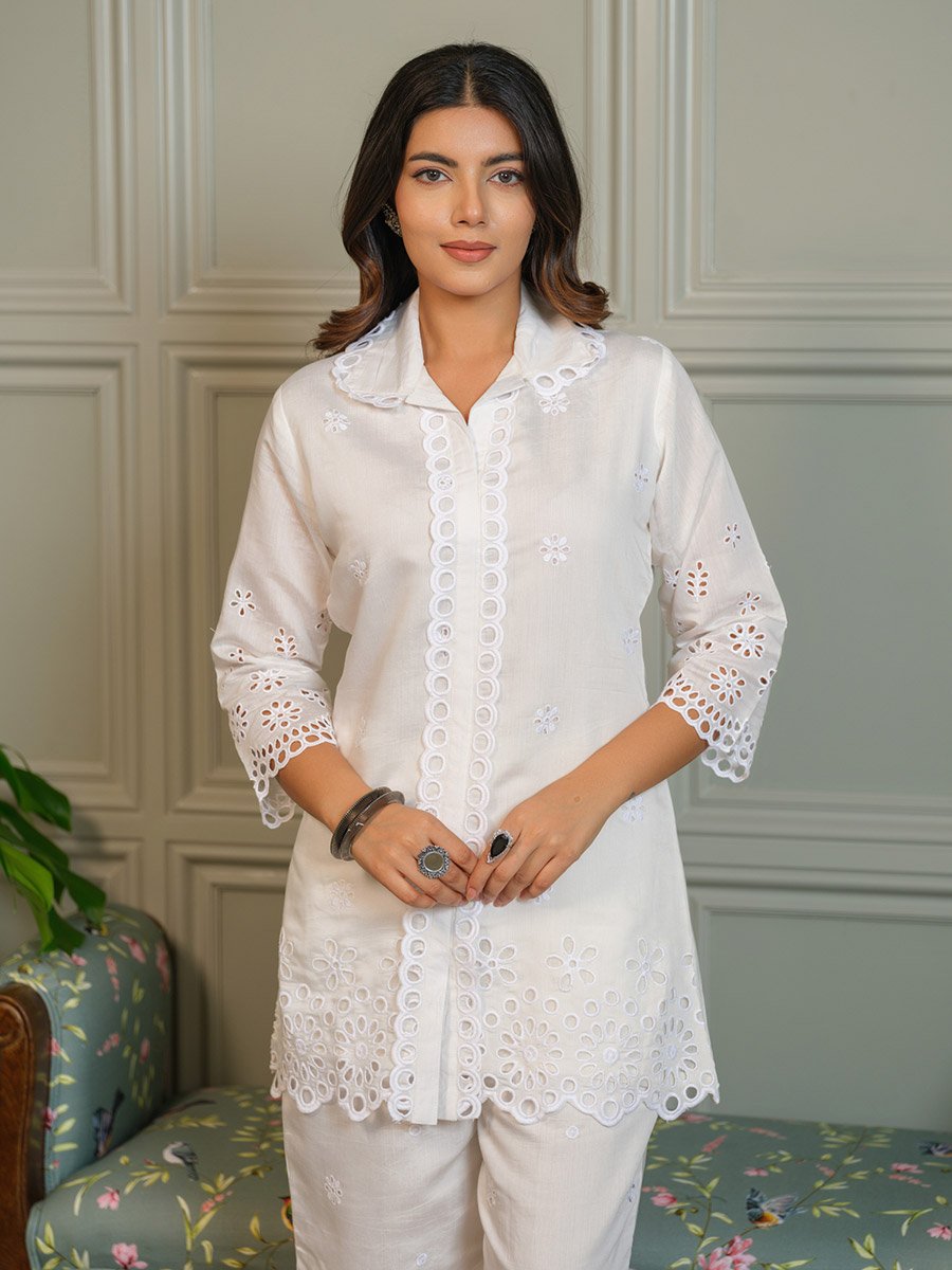 Women Schiffli Design Shirt and Trousers Co-Ords