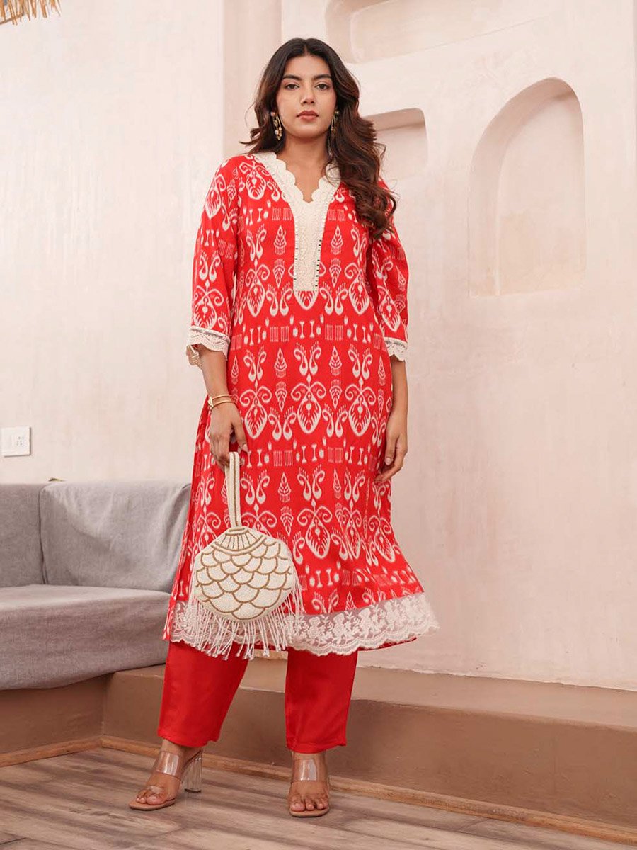 Women Ethnic Motif Print V Neck Straight Kurta and Trousers Co-Ords