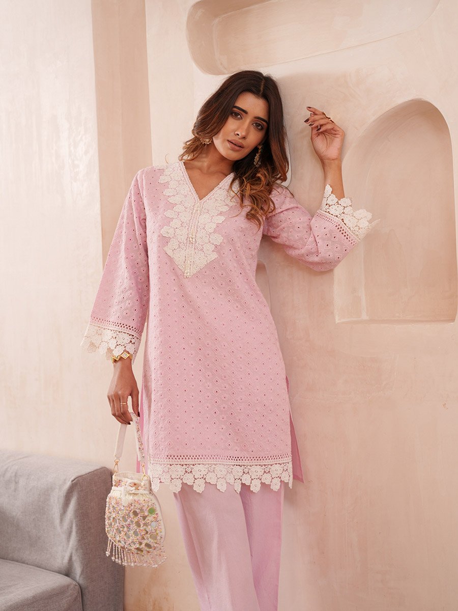 Women Embroidered V Neck Cotton Tunic and Trousers Co-Ords