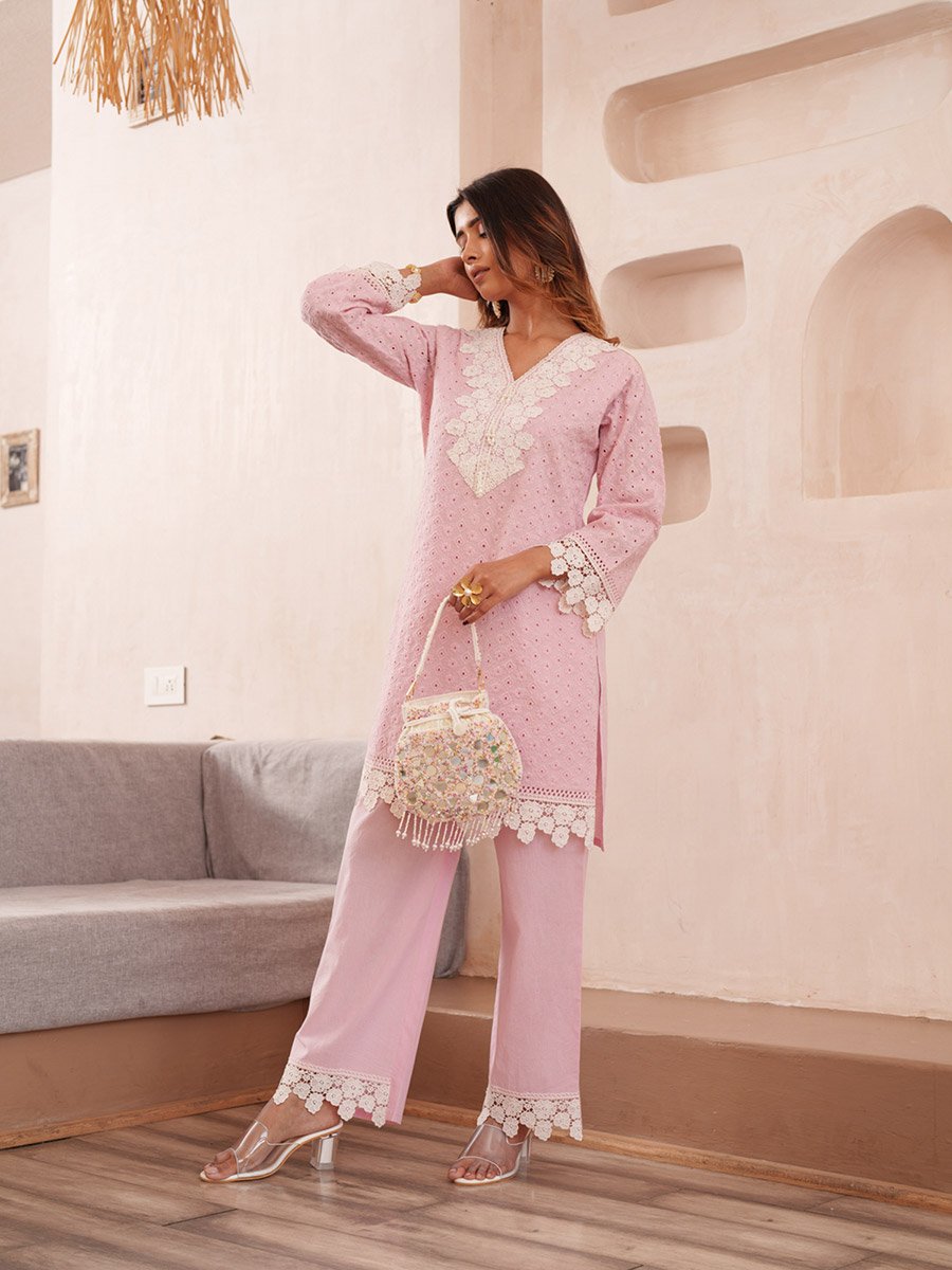 Women Embroidered V Neck Cotton Tunic and Trousers Co-Ords