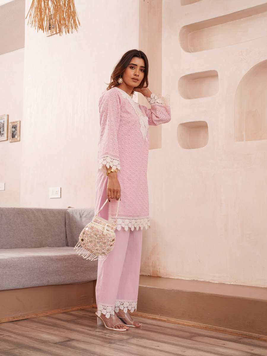 Women Embroidered V Neck Cotton Tunic and Trousers Co-Ords
