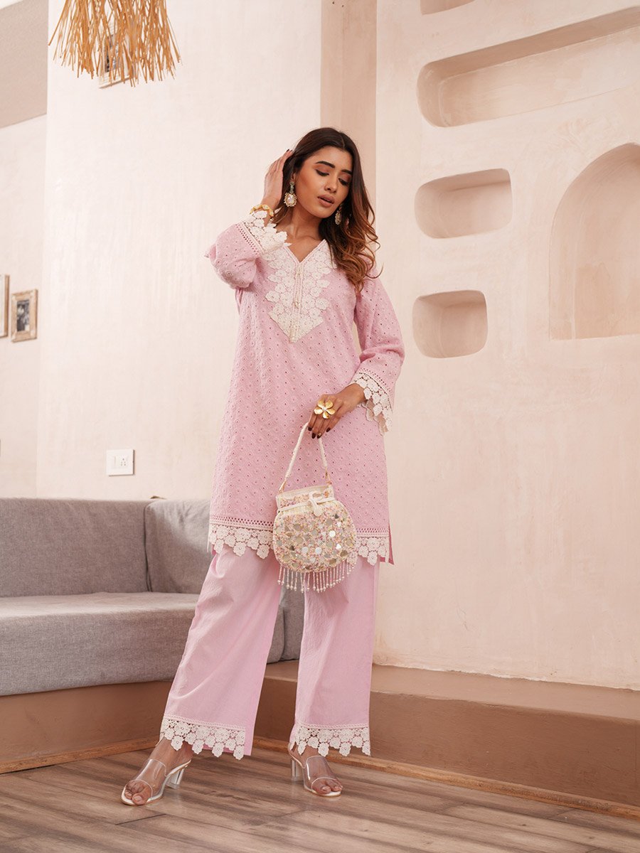 Women Embroidered V Neck Cotton Tunic and Trousers Co-Ords