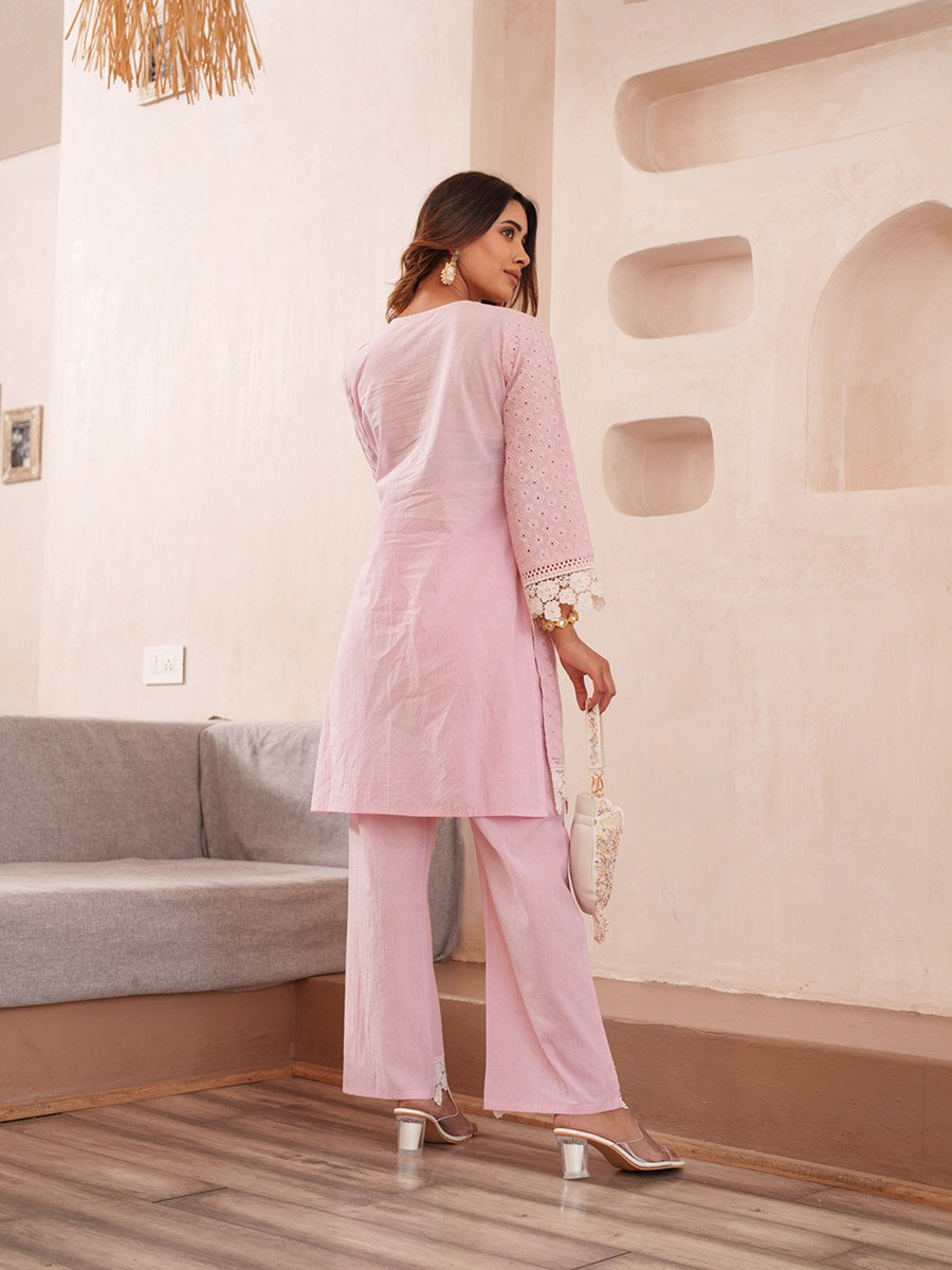 Women Embroidered V Neck Cotton Tunic and Trousers Co-Ords