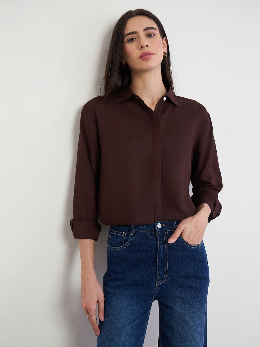 Brown  Cotton Linen Relaxed Fit Shirt