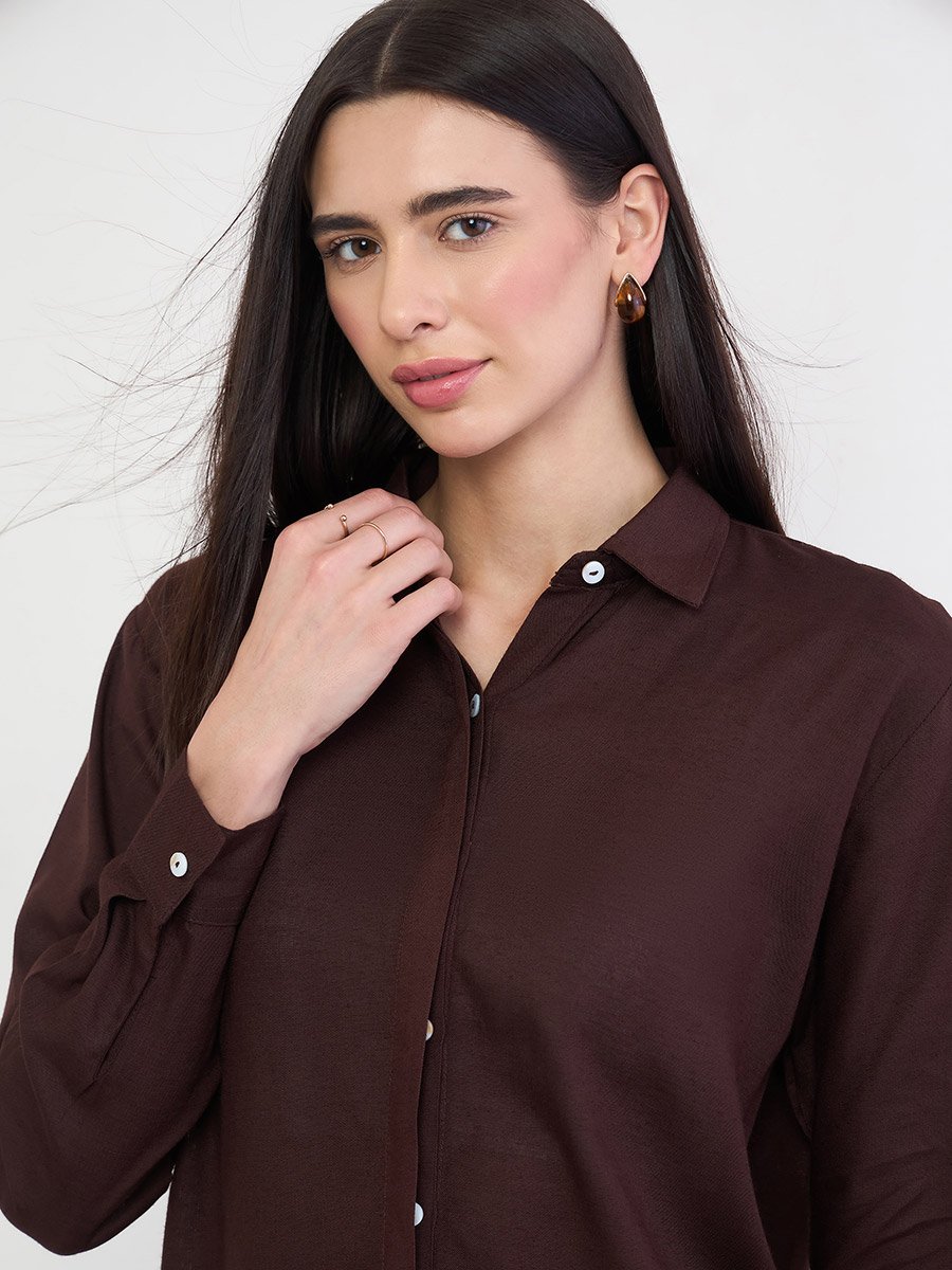 Brown  Cotton Linen Relaxed Fit Shirt
