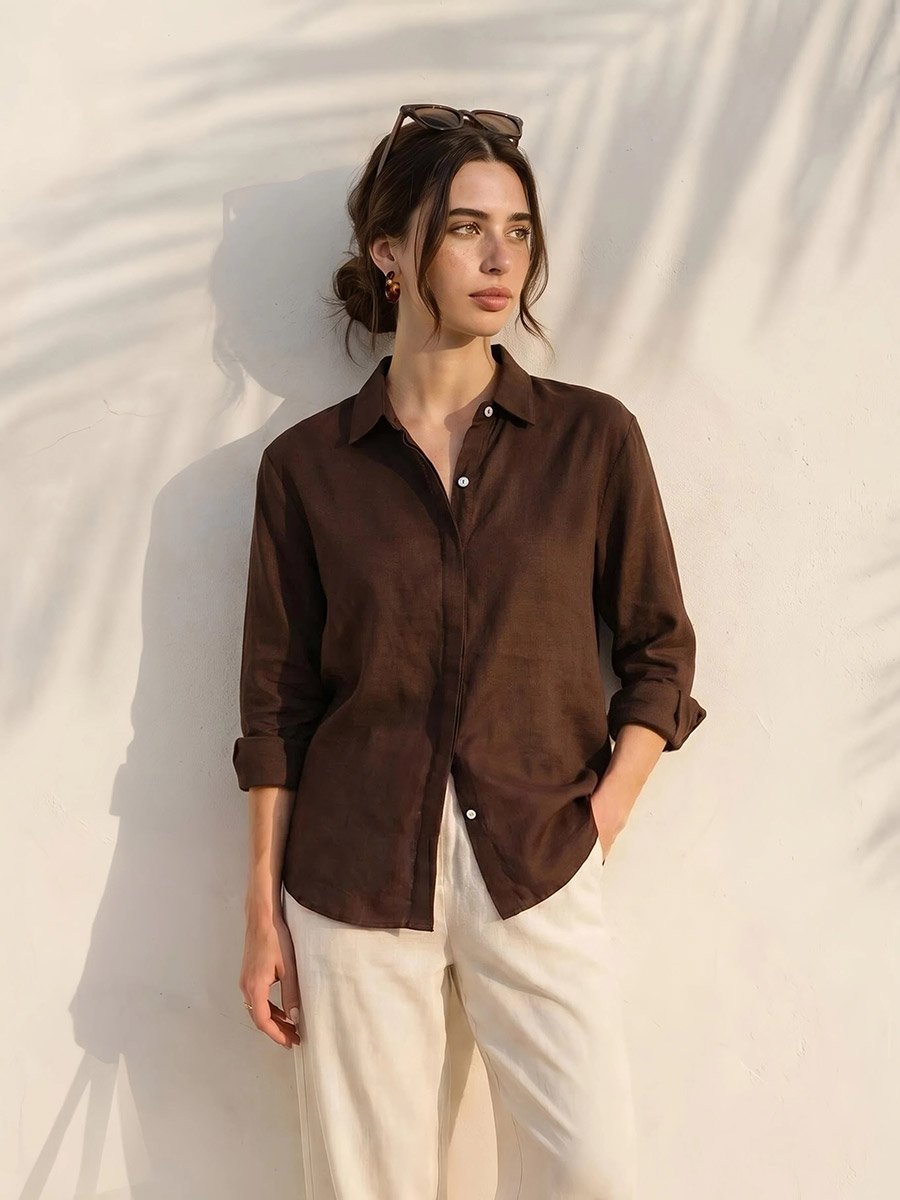 Brown  Cotton Linen Relaxed Fit Shirt