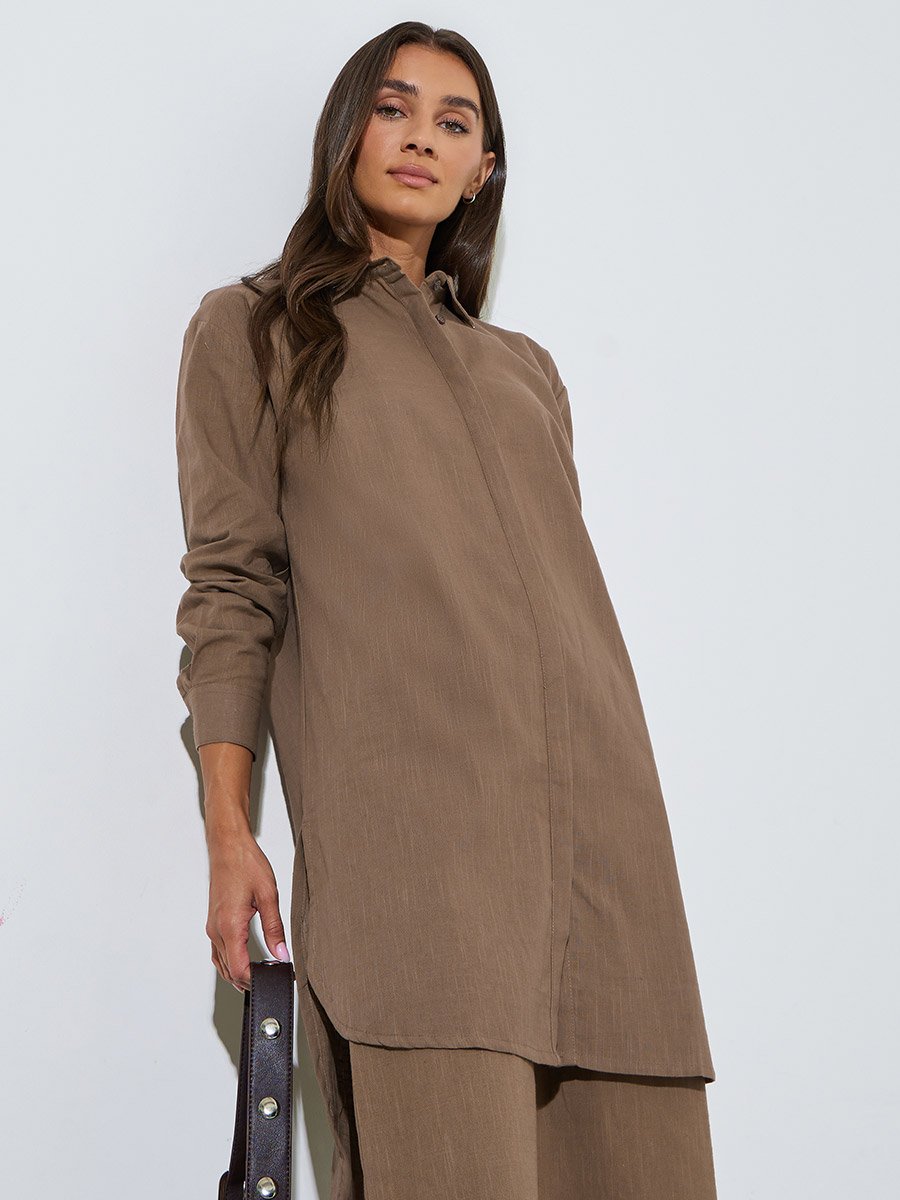 Brown Solid High-Low Shirt with Concealed Placket