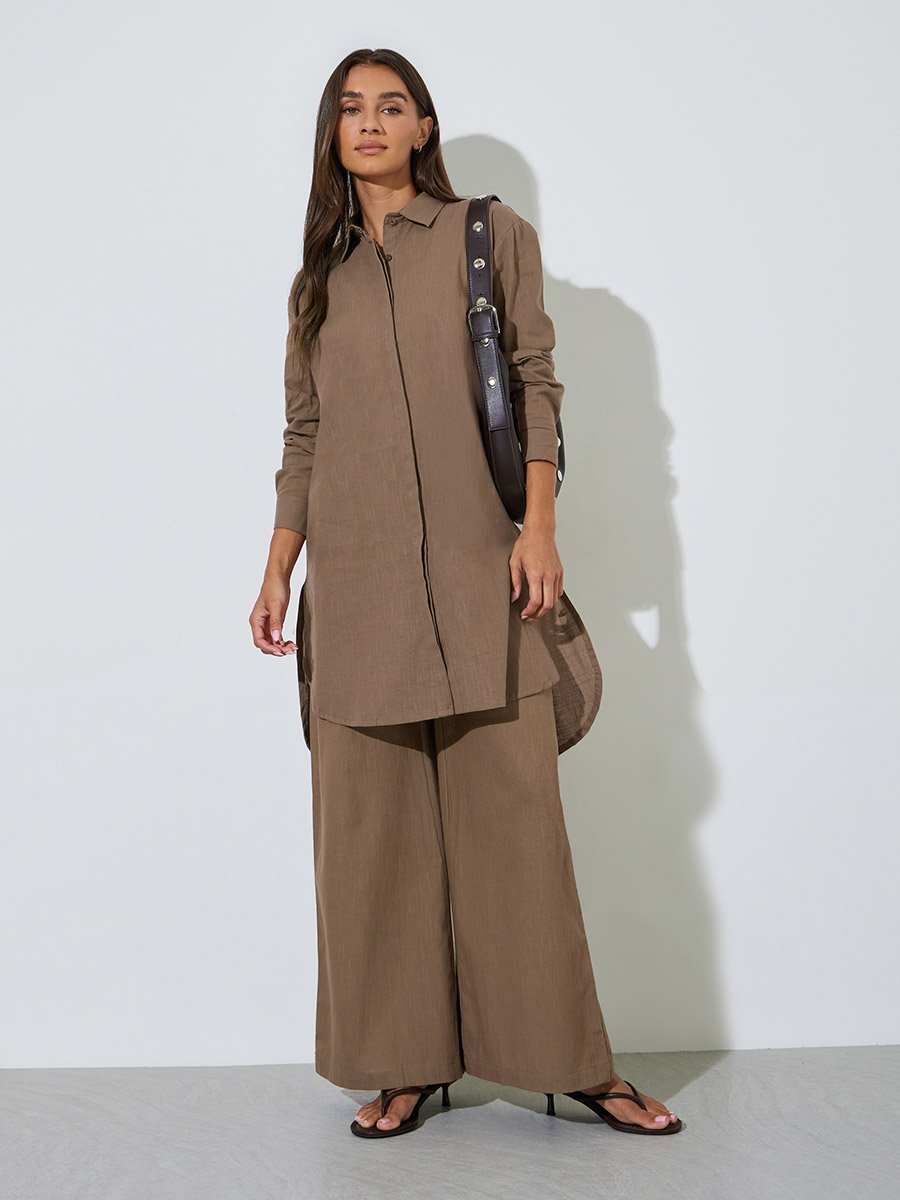 Brown Solid High-Low Shirt with Concealed Placket
