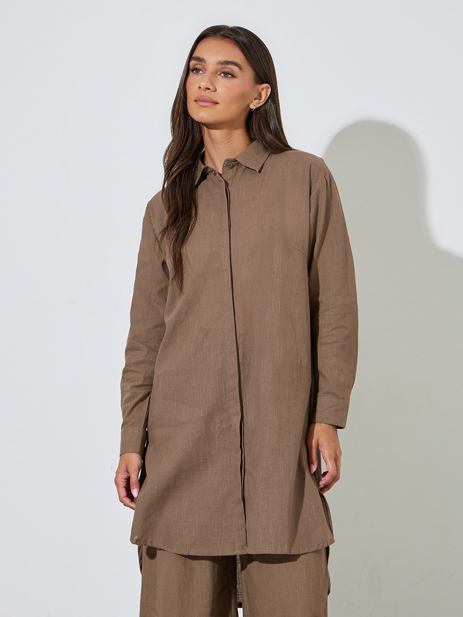 Brown Solid High-Low Shirt with Concealed Placket