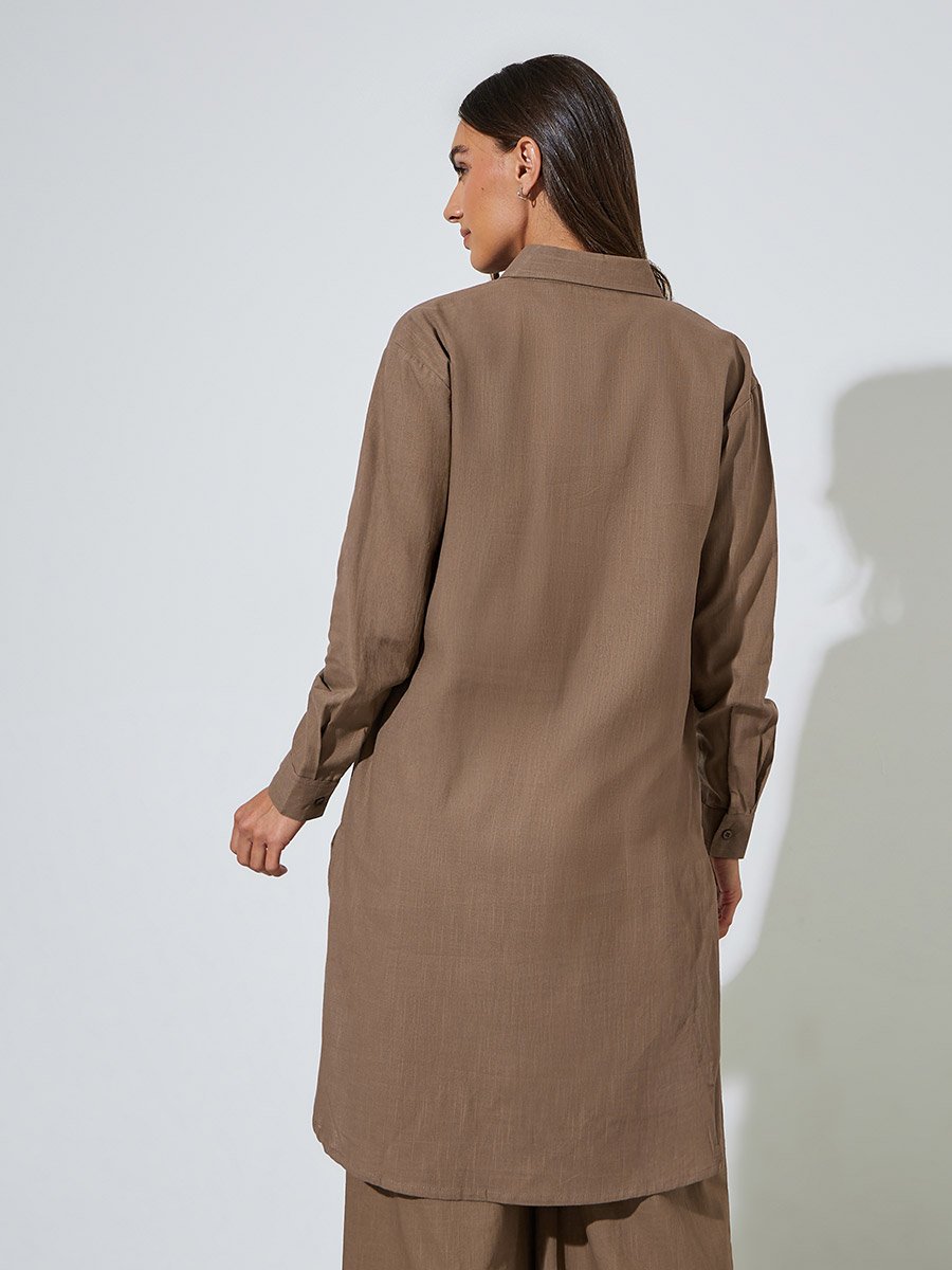 Brown Solid High-Low Shirt with Concealed Placket