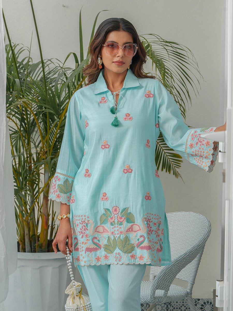 Women Swan Embroidered Shirt and Trousers Co-Ords