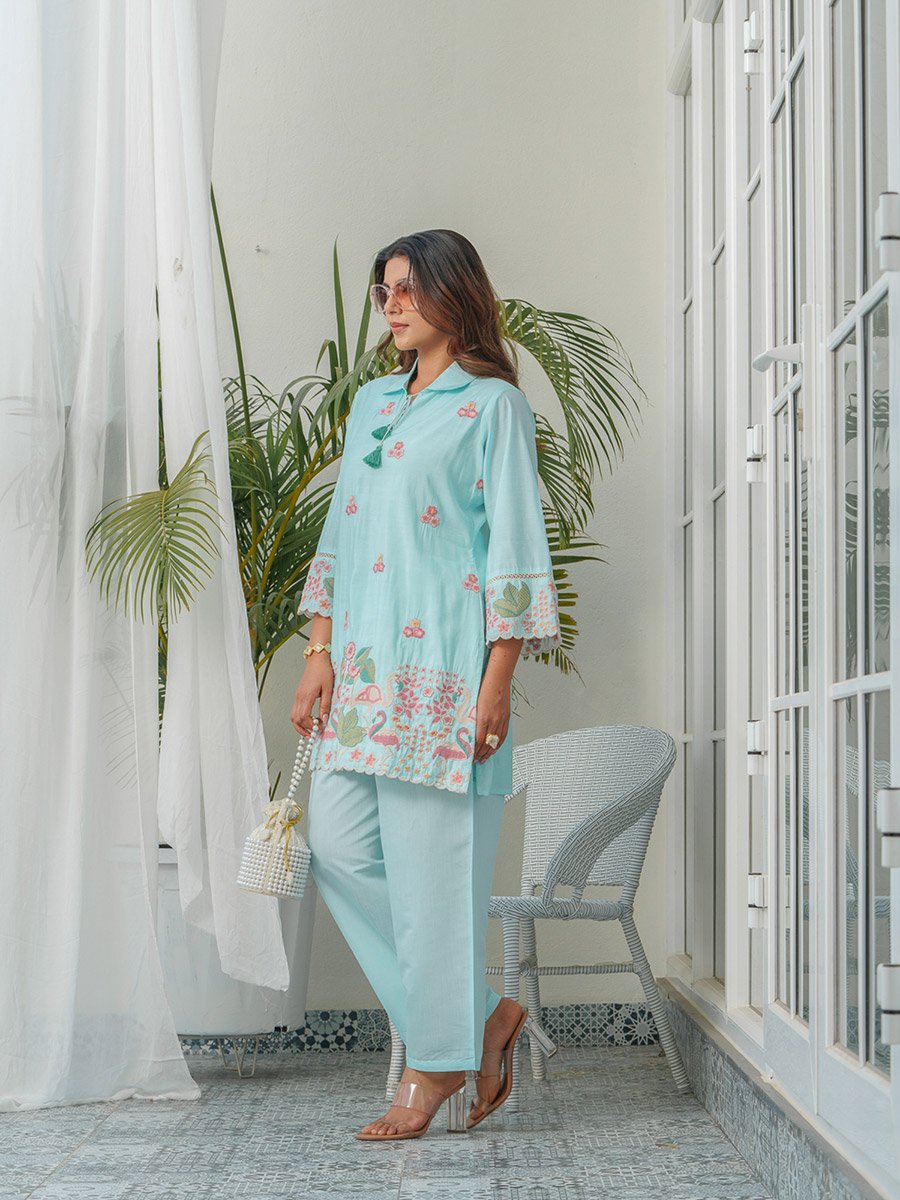 Women Swan Embroidered Shirt and Trousers Co-Ords