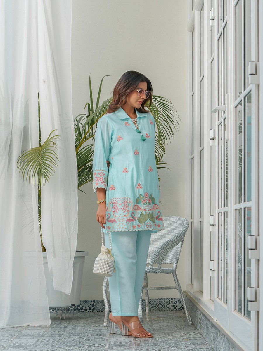 Women Swan Embroidered Shirt and Trousers Co-Ords