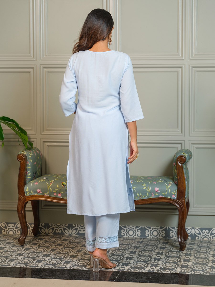Women Embroidered Thread Work Straight Kurta and Trousers Co-Ords