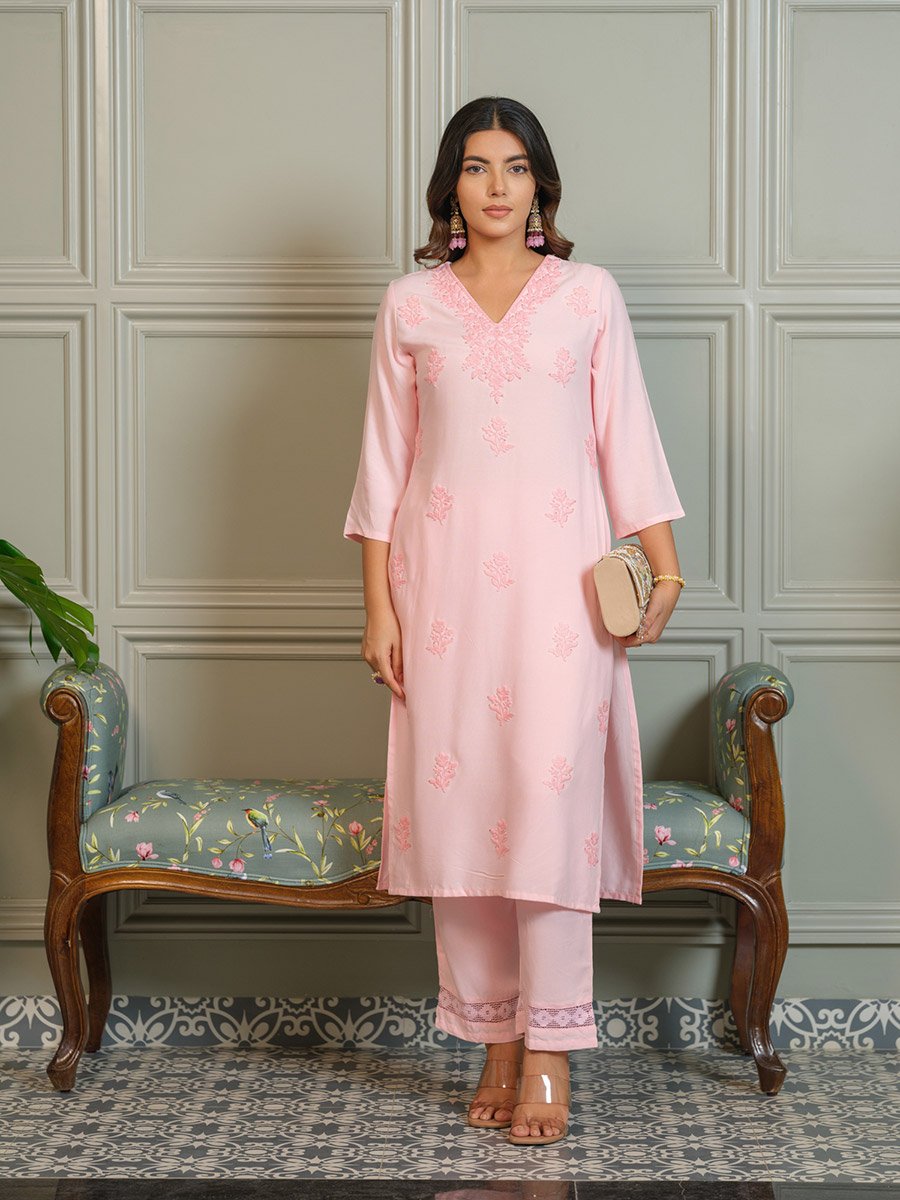 Women Embroidered Straight Lucknow Kurta and Trousers Co-Ords