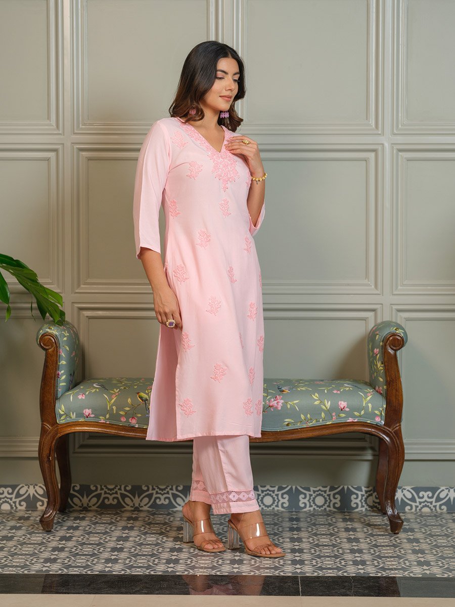 Women Embroidered Straight Lucknow Kurta and Trousers Co-Ords