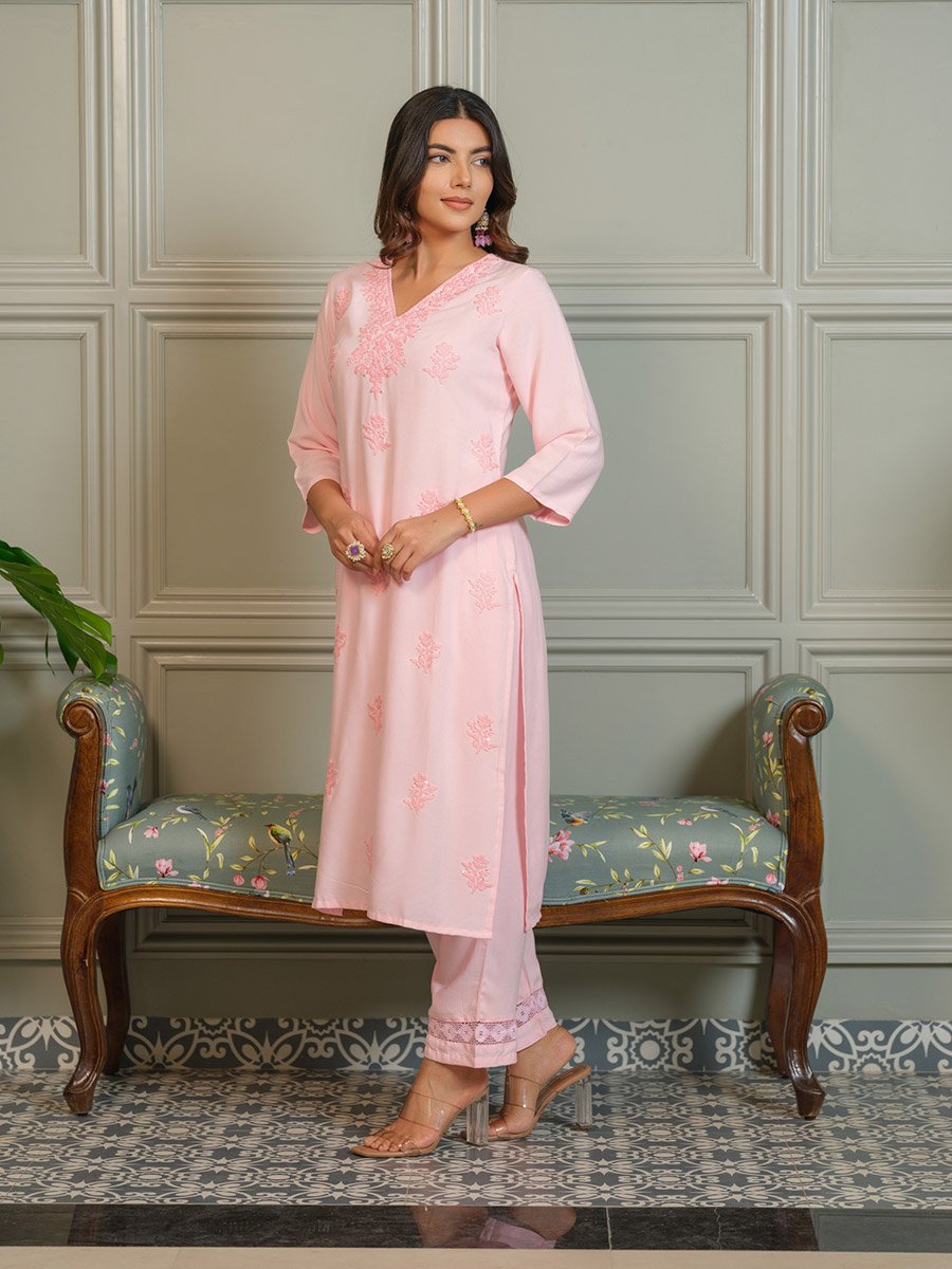 Women Embroidered Straight Lucknow Kurta and Trousers Co-Ords
