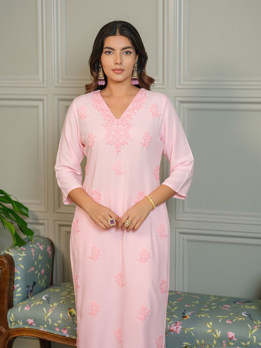 Women Embroidered Straight Lucknow Kurta and Trousers Co-Ords