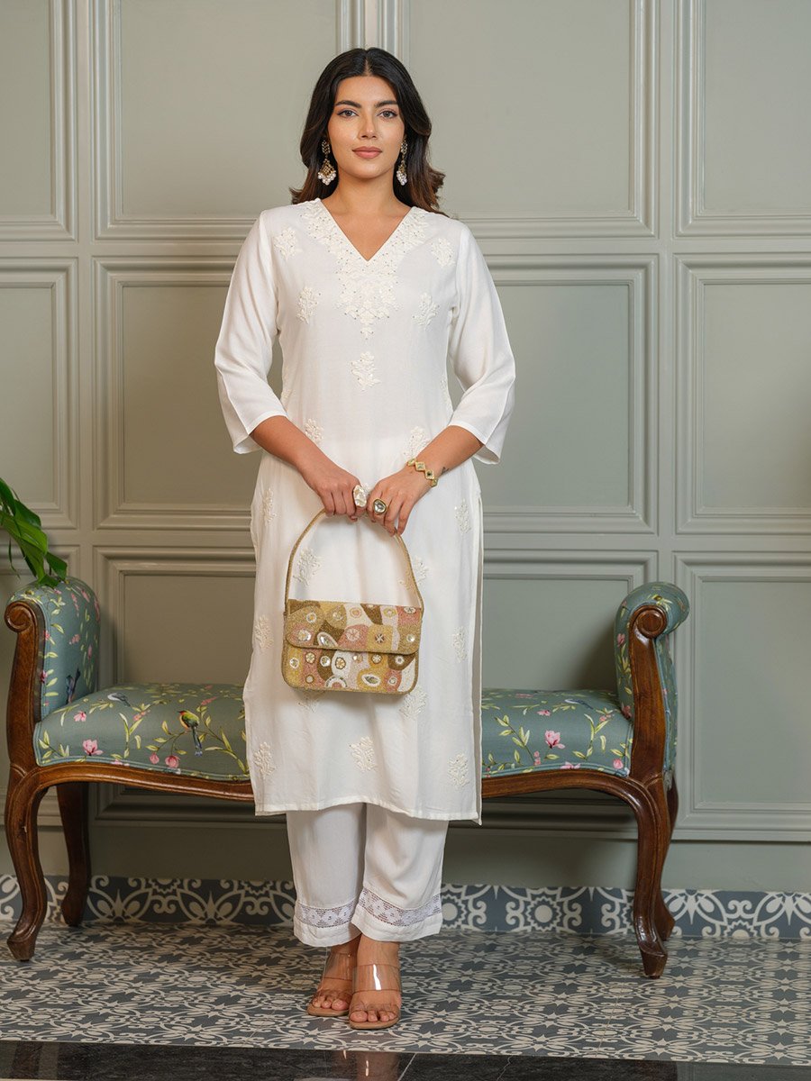 Women Embroidered Straight Kurta and Trousers Co-Ords
