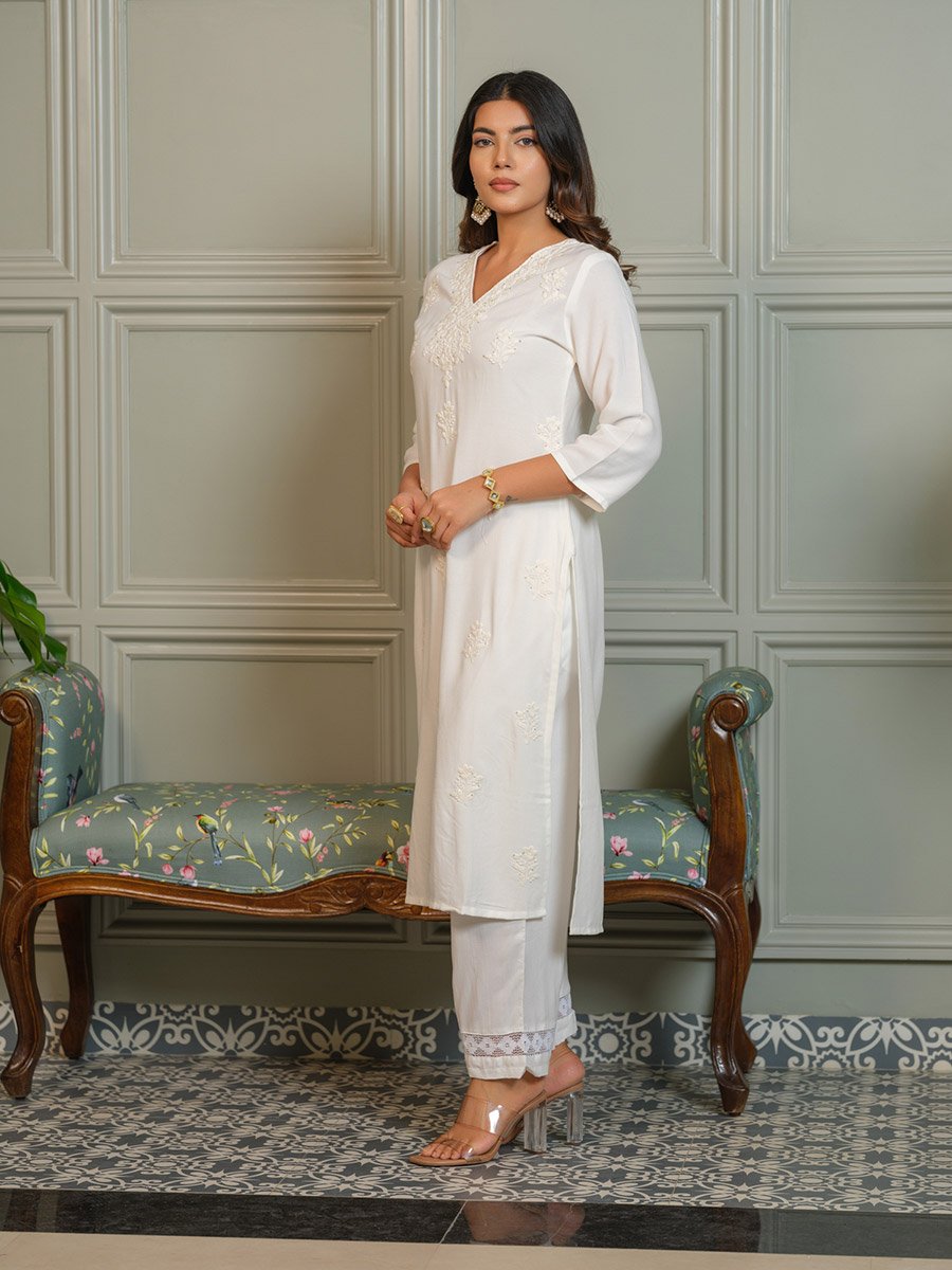 Women Embroidered Straight Kurta and Trousers Co-Ords