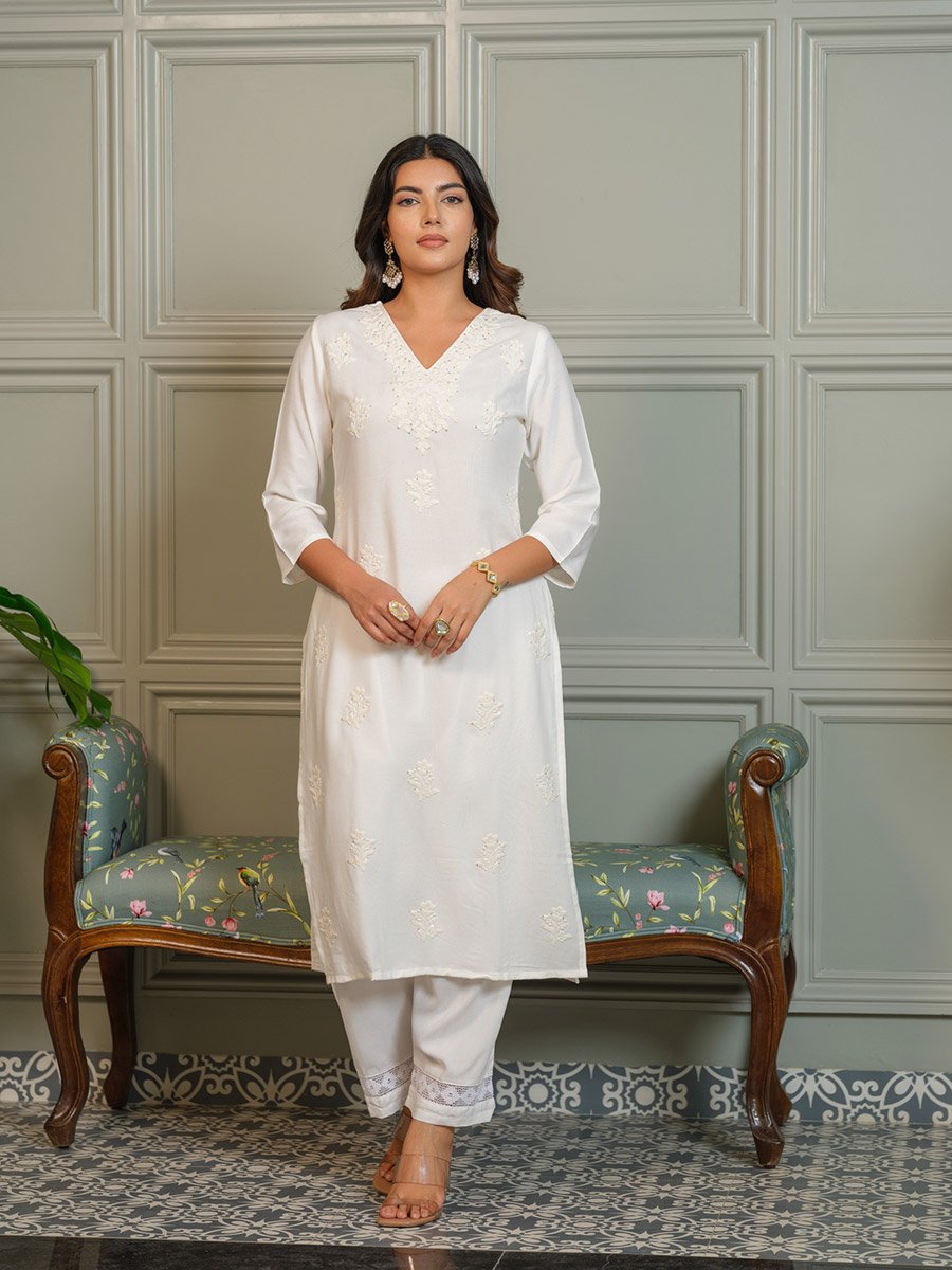Women Embroidered Straight Kurta and Trousers Co-Ords