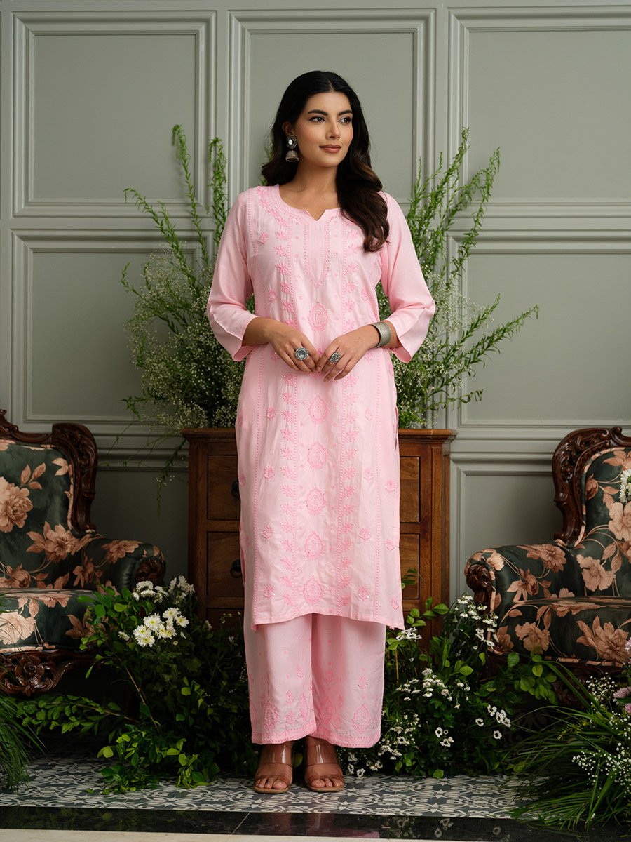 Women Embroidered Chikankari Straight Kurta and Palazzo Co-Ords