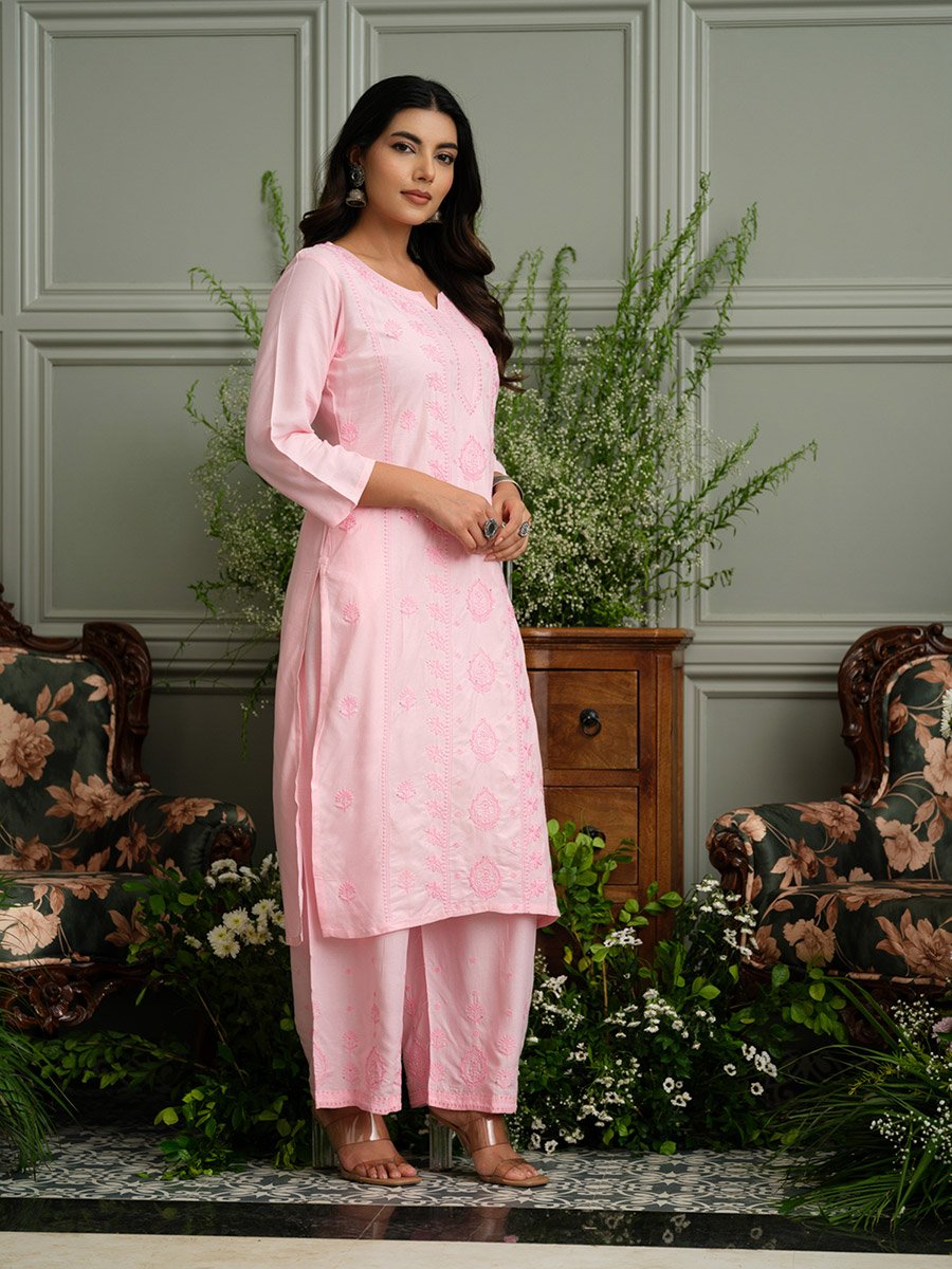 Women Embroidered Chikankari Straight Kurta and Palazzo Co-Ords