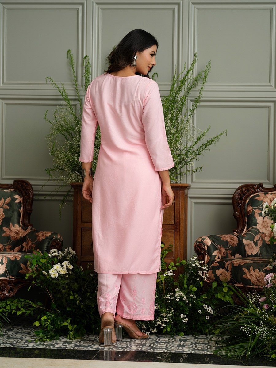 Women Embroidered Chikankari Straight Kurta and Palazzo Co-Ords