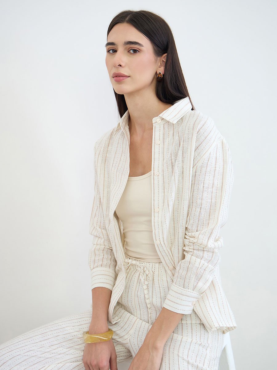 Off White Striped Long Sleeves Shirt