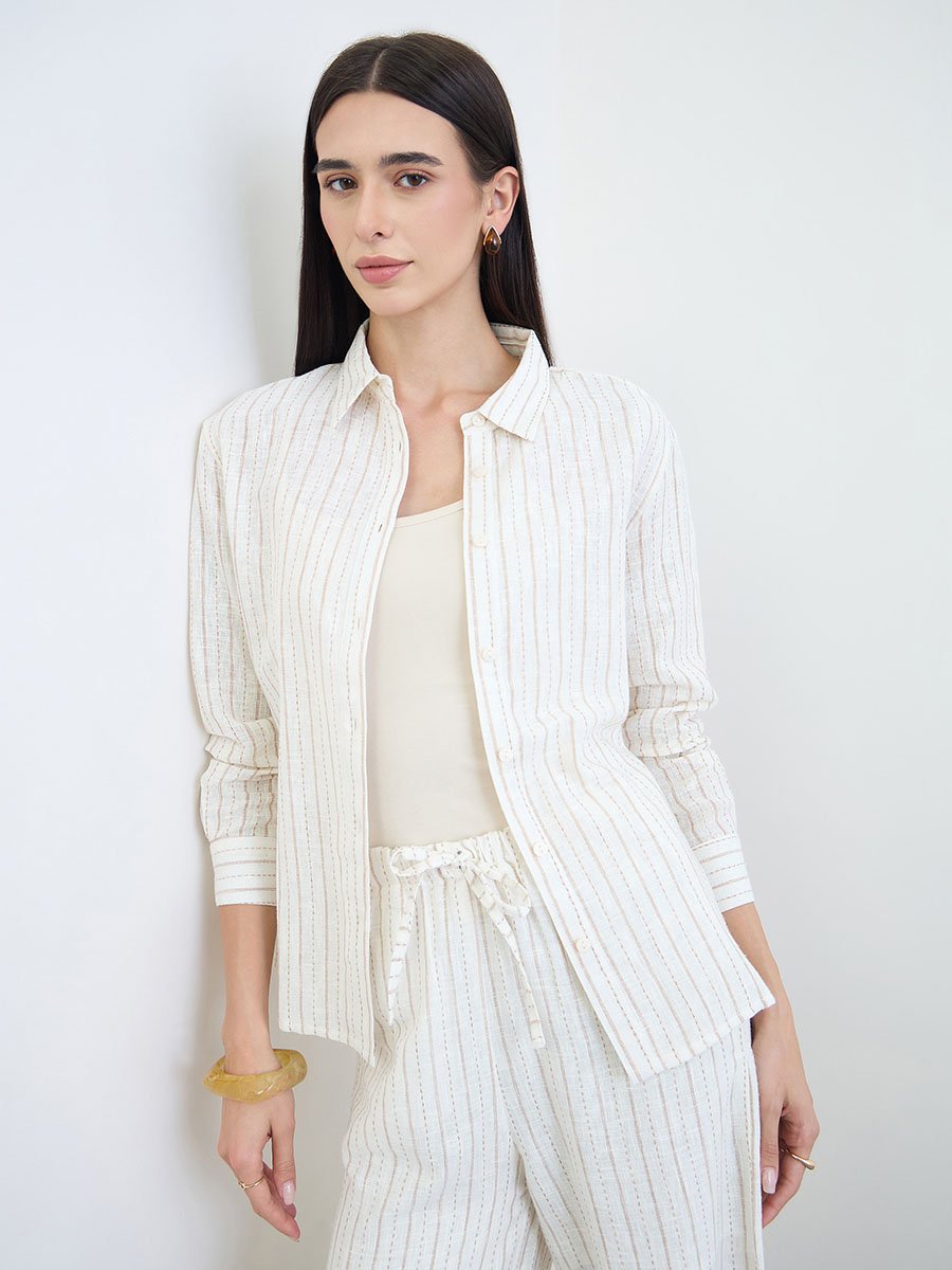 Off White Striped Long Sleeves Shirt