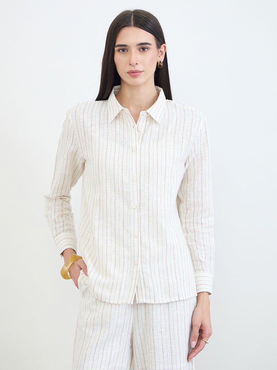 Off White Striped Long Sleeves Shirt
