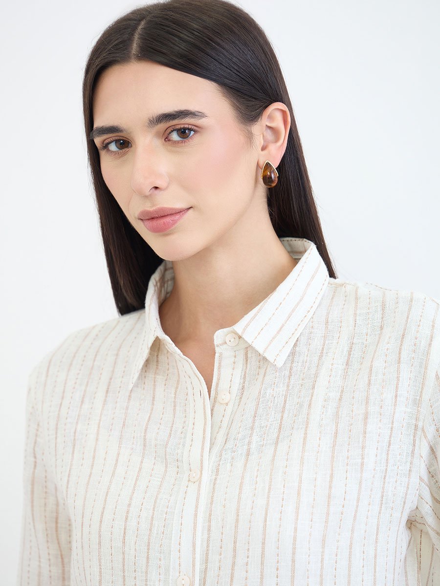 Off White Striped Long Sleeves Shirt
