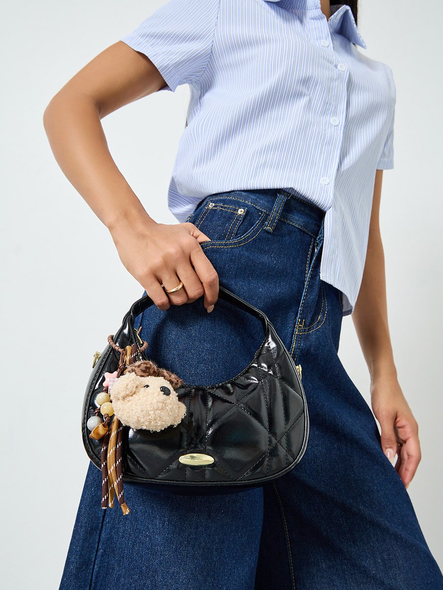Black Quilted Hobo Bag with Dog Charm
