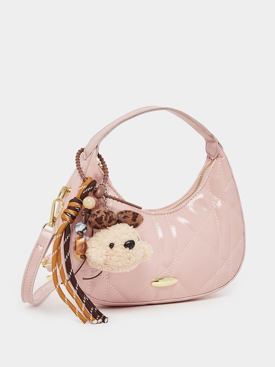 Pink Quilted Hobo Bag with Dog Charm