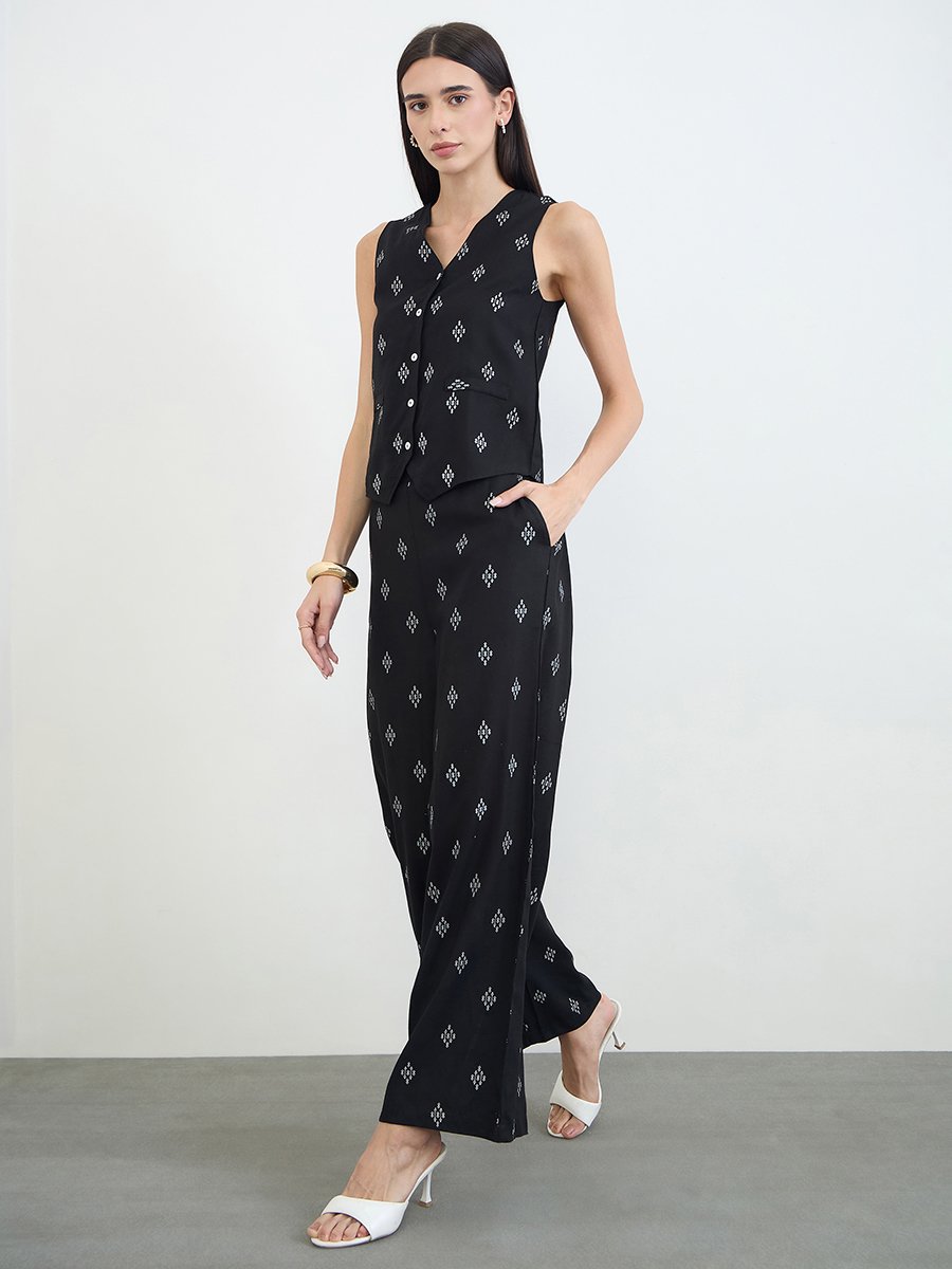 Black Printed Wide Leg Pants with Side Pocket