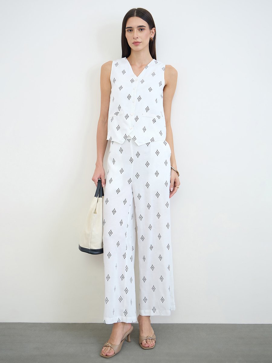 White Printed Wide Leg Pants with Side Pocket