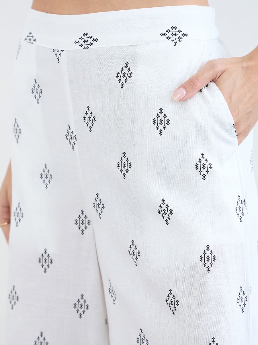 White Printed Wide Leg Pants with Side Pocket