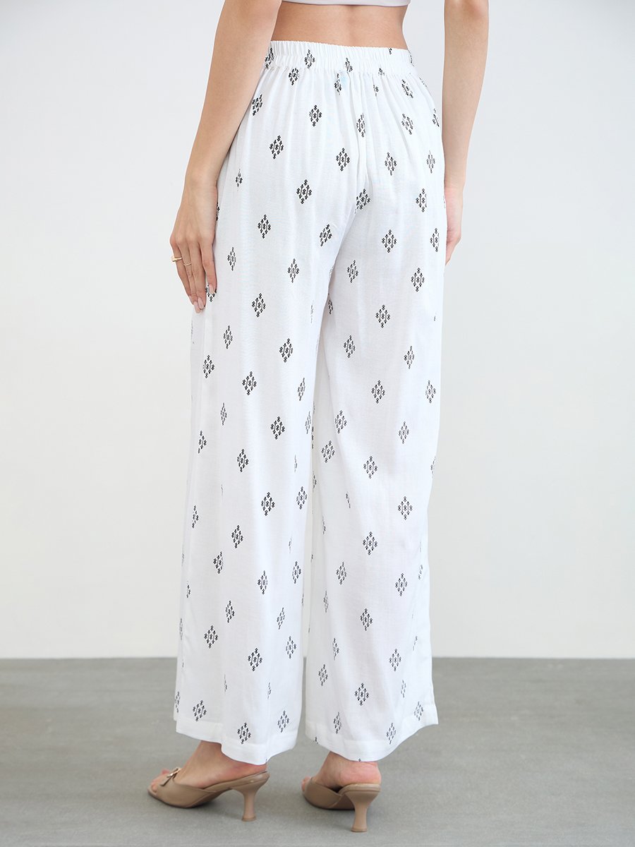 White Printed Wide Leg Pants with Side Pocket