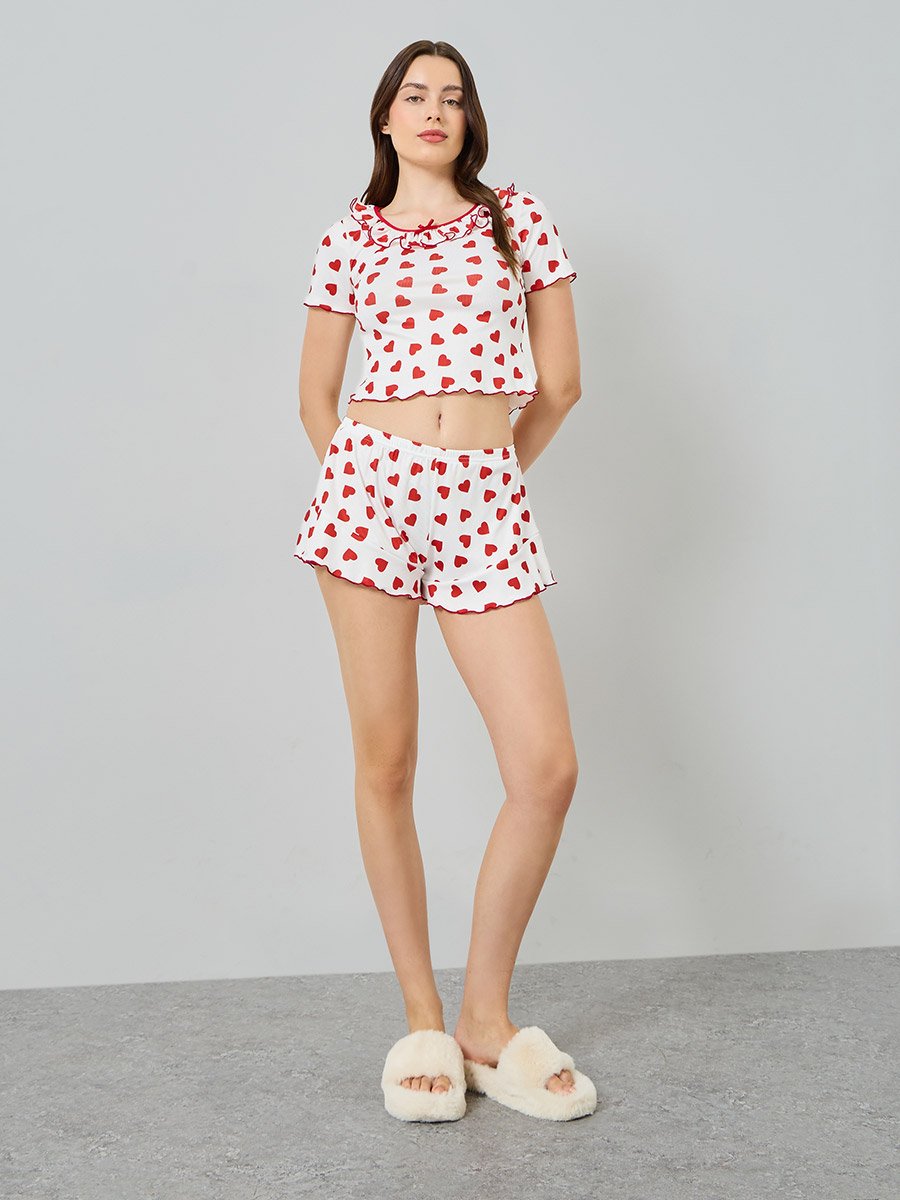 Heart Printed Crop T-Shirt and Shorts Pyjama Set