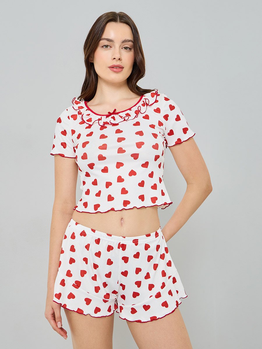 Heart Printed Crop T-Shirt and Shorts Pyjama Set