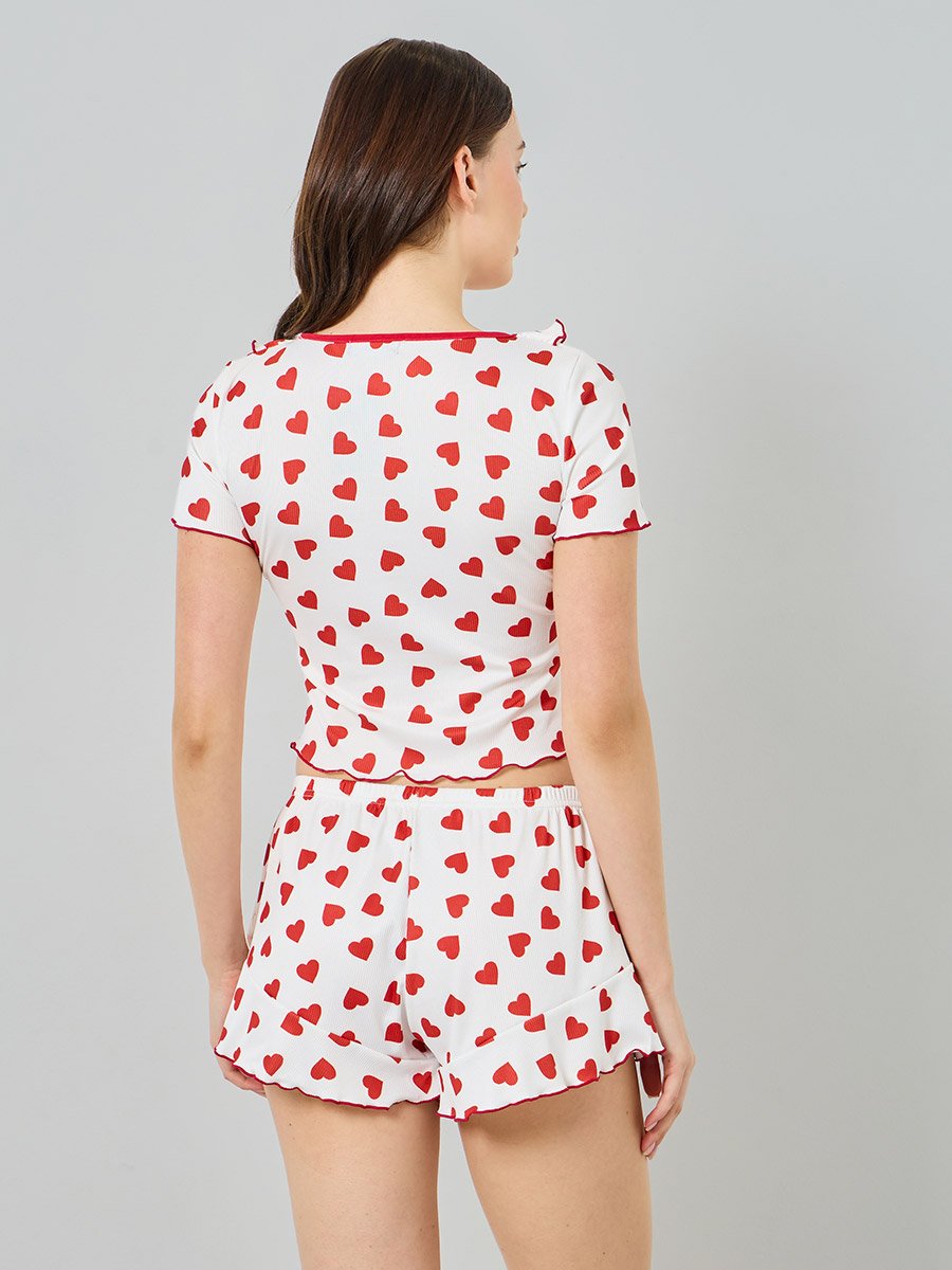 Heart Printed Crop T-Shirt and Shorts Pyjama Set