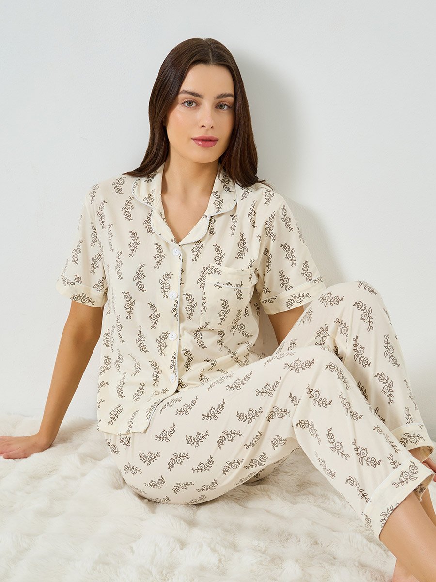 Leaf Print Short Sleeve Shirt and Pyjama Set