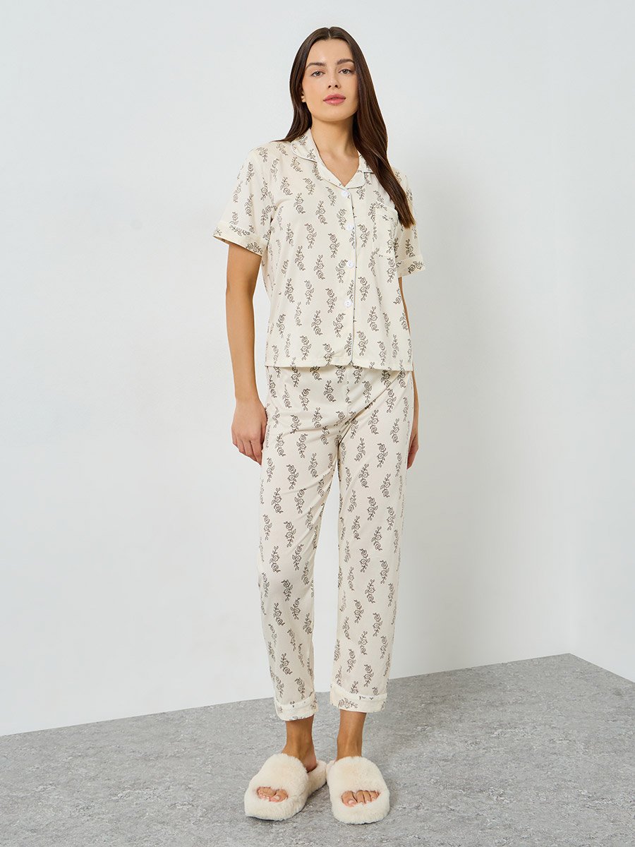 Leaf Print Short Sleeve Shirt and Pyjama Set